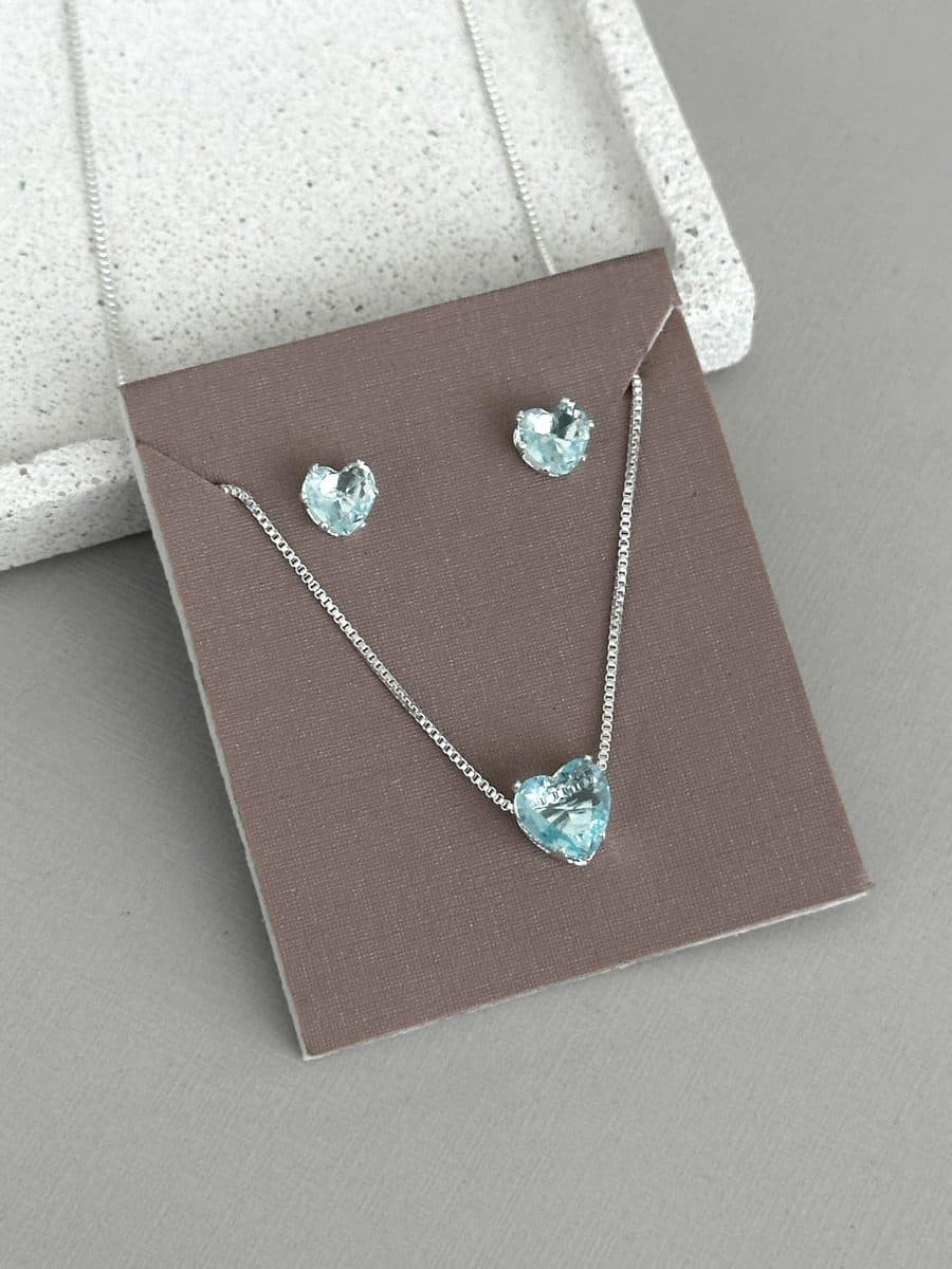 Conjunto coração azul claro (colar + brinco)