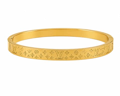 Bracelete aço inox dourado, flores gravadas