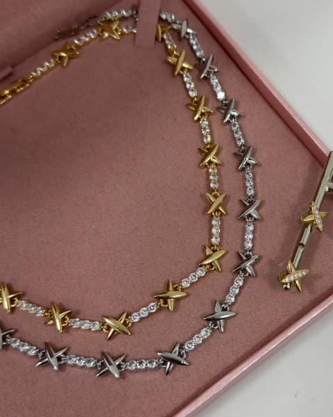 Conjunto colar e brinco elo X cravejado