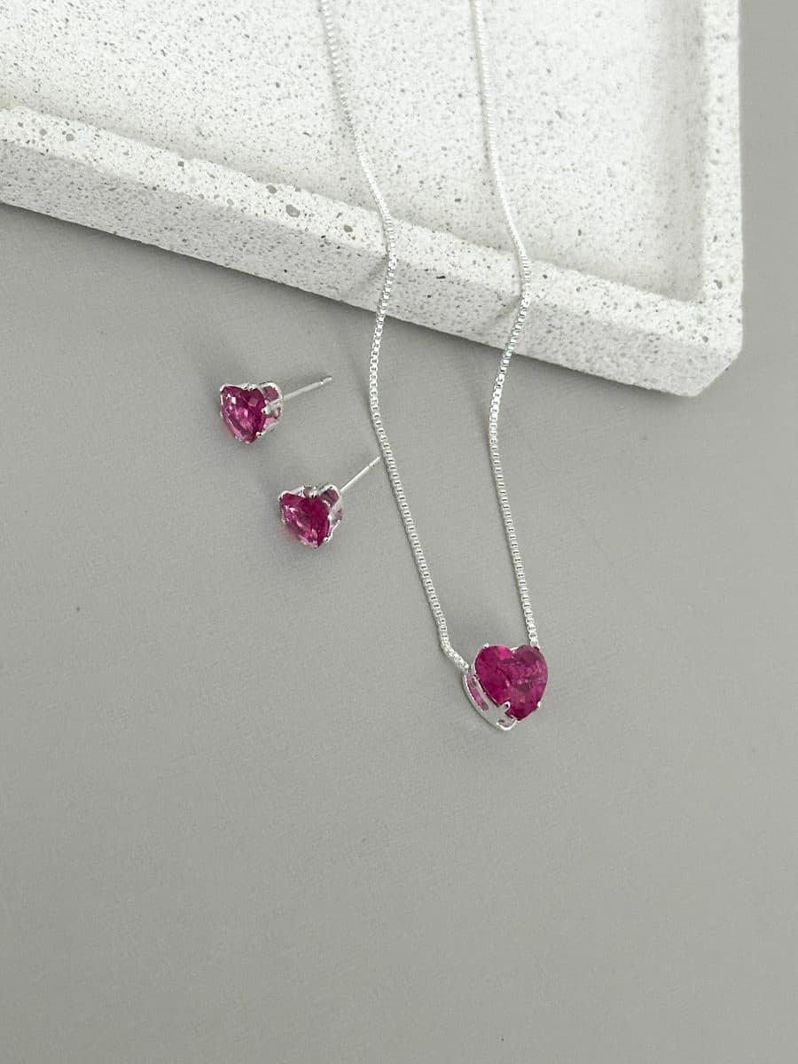 Conjunto colar e brinco coração rosa