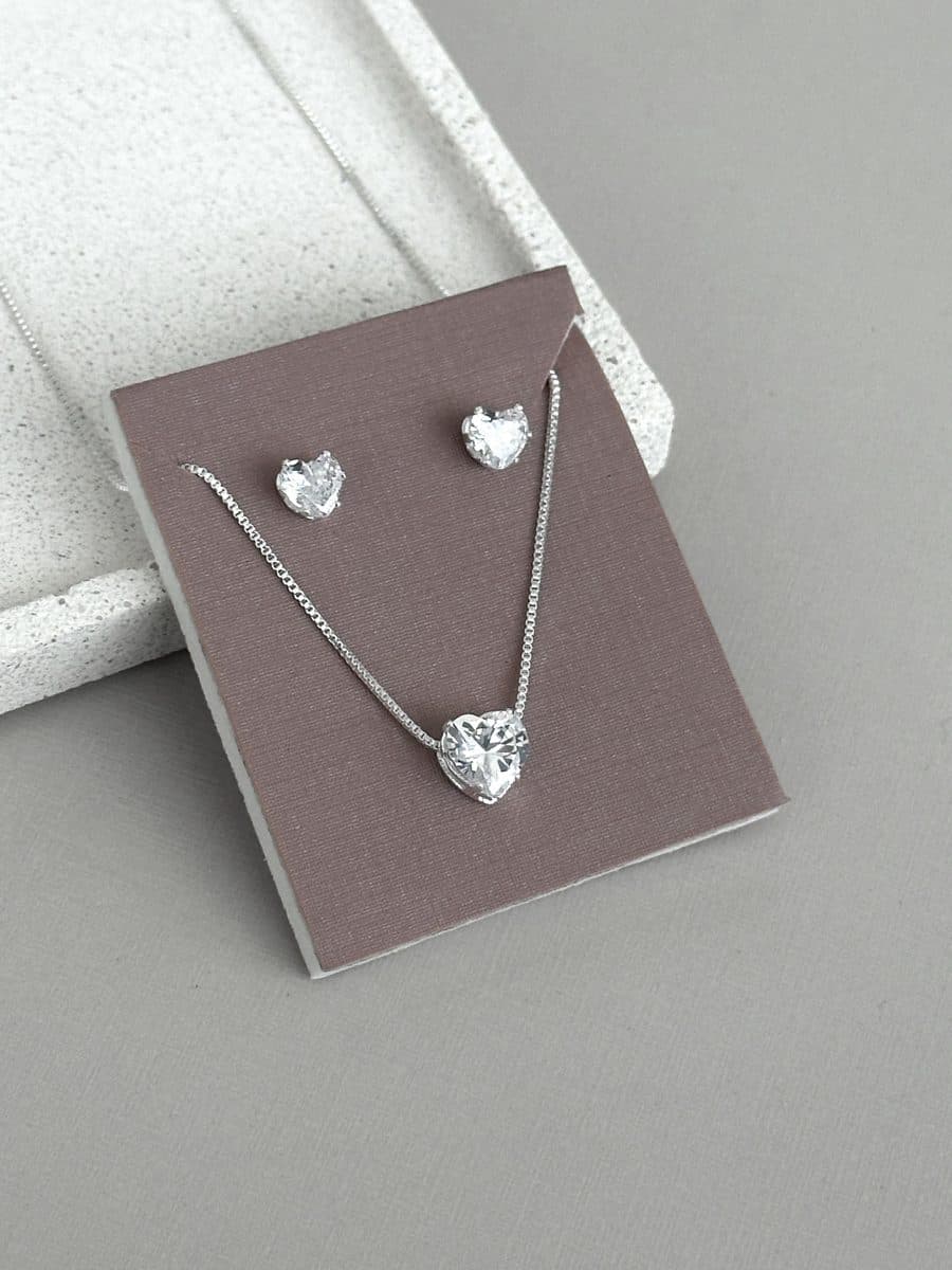 Conjunto coração zirconia (colar e brinco)
