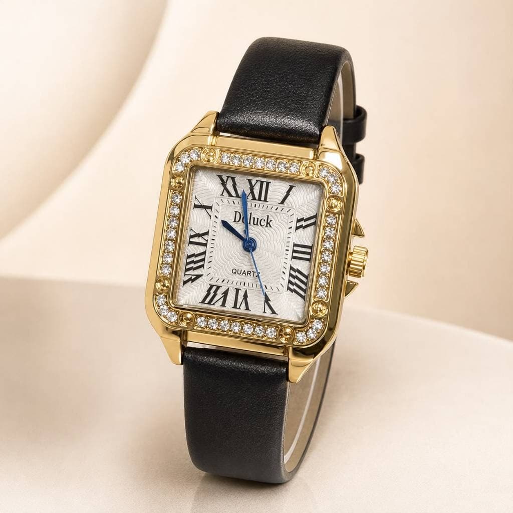 Relógio Feminino Quadrado com Strass Pulseira de Couro