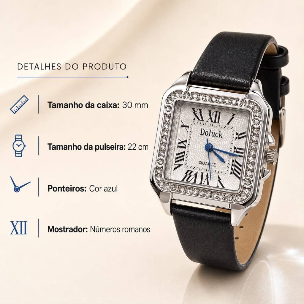 Relógio Feminino Quadrado com Strass Pulseira de Couro